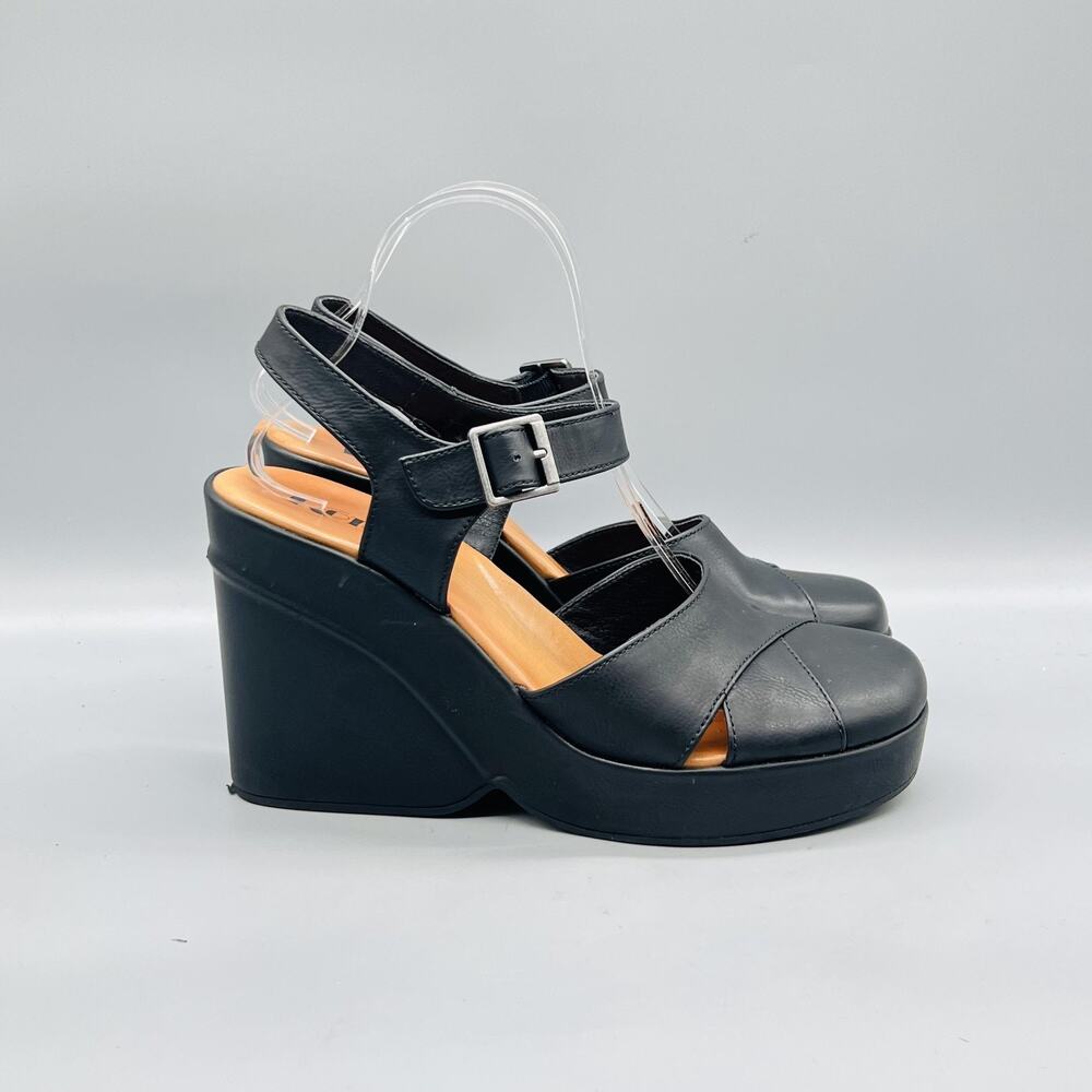 Korks Sandals Womens 10 Black Slingback Buckle Wedge Platform Shoes